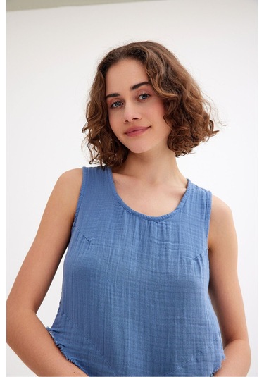 Pamuk Müslin Üçgen Bluz - Şık Ve Rahat Yaz Tasarımı Mavi