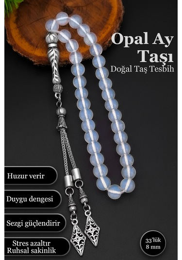 Opal Ay Taşı Tesbih Erkek Doğal Taş Tesbih 8 Mm Bt035 Beyaz