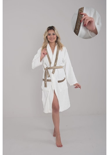 Güvenal Valentis Desenli İşlemeli Kutulu Kadın Erkek Pamuk Bornoz Sabahlık Bornoz Seti Çeyiz Hediyelik 2 Kahverengi