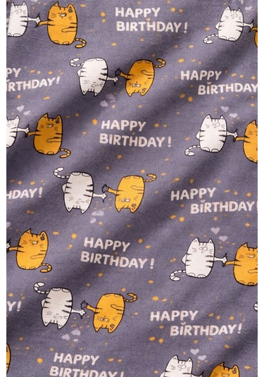 Burcumay Kadın Şortlu Kedili Happy Birthday Desenli Gri