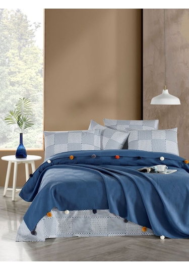 Madam Marica İndigo Renkli Çift Kişilik Ponponlu Pike Takımı İndigo