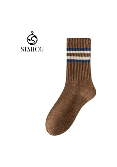 12 Çift Paket - Erkekler İçin Sonbahar/kış Orta Baldır Çizgili Pamuklu Çoraplar, Tek Beden Kahverengi