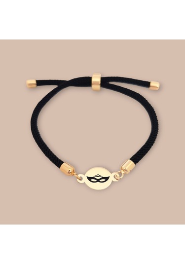 İpek Örgülüli 14 Ayar Altın Plakalı Oval Motifli Balmaske Sembollü Hediye Bileklik-320sembol-siyah Altın