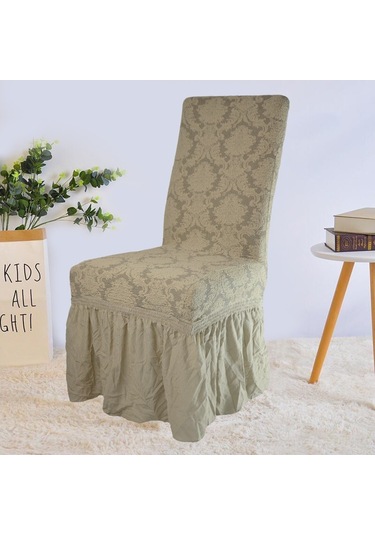 Şal Desen Jakarlı Etekli Sandalye Örtüsü, Kılıfı 6 Adet Kum Kum