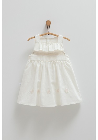 Kız Bebek Elbise Ekru Askılı Fırfırlı Çiçek İşlemeli-1278 Ekru