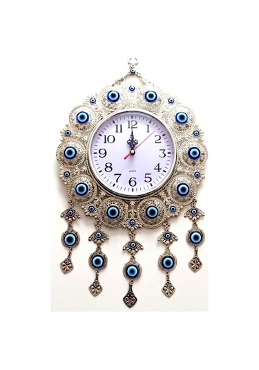 Nazar Boncuklu Gümüş Kaplama Solmaz Kararmaz Duvar Saati Çok Renki