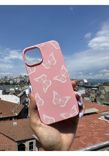 İphone 17 Uyumlu Beyaz Kelebek Tasarımlı Telefon Kılıfı - Şeker Pembe