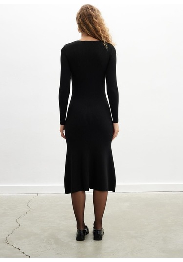 Styleboom X Peraluna Dorset Dress Toka Detaylı Ribana Örgü Midi Kadın Triko Elbise - Siyah-siyah Siyah