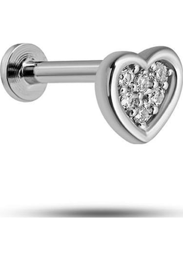 925 Ayar Gümüş Rodyumlu Minimal Çerçeveli Zirkon Taşlı Kalp Tragus Piercing Küpe Gümüş
