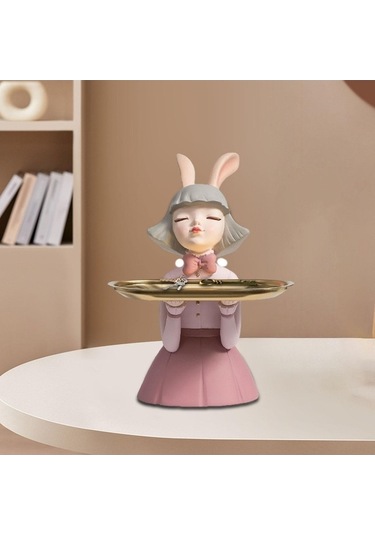 Opulentliving Sunttek Reçine Kız Figürü Dekoratif Kozmetik Tepsi Pembe Gece Kullanımı