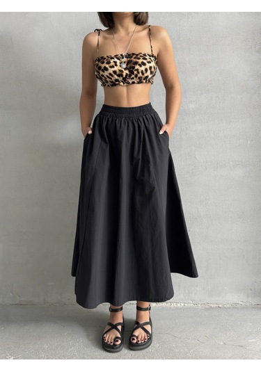 Kadın Beli Lastikli Dokuma Kloş Etek Siyah