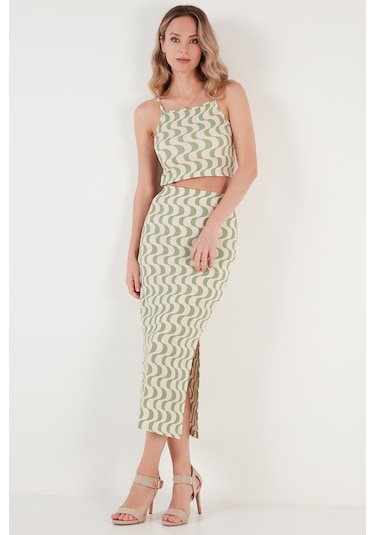 Lela Slim Fit Ip Askılı Yırtmaçlı Bayan Takım 5865278 Yeşil-Beyaz