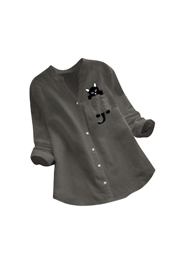 Gri Kadın Üst Uzun Kollu Gevşek Sevimli Şık Baskılı Günlük Giyim İçin Rahat Kesim Gömlek Gri