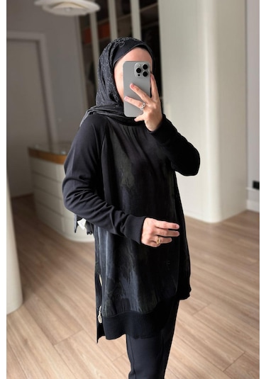 Kahijab Yan Fermuarlı Desenli Boğazlı Merserize Tunik - Siyah