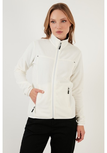 Lela Slim Fit Anti-Pilling Tüylenme Yapmayan Fermuarlı Cepli  Hırka Bayan Polar 5907002 Ekru