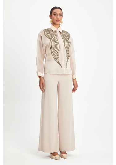 Kadın Şifon Gömlek - Zarif Boncuk İşlemeli Bej