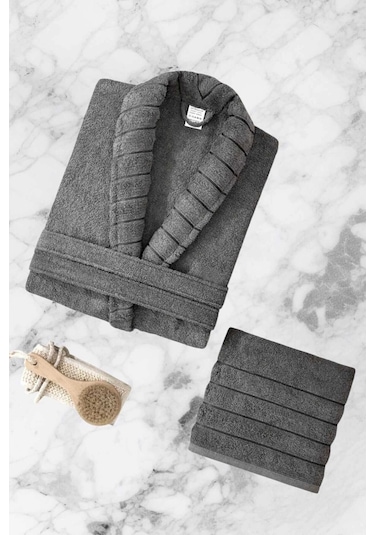 Aqualoom Lüx Erkek Bornoz Ve Havlu Seti %100 Pamuklu Antrasit S-m Diğer