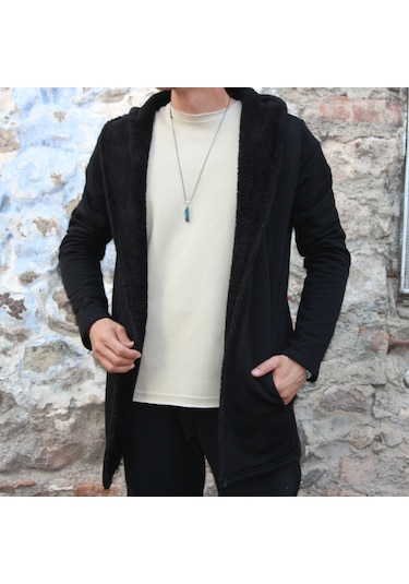 3 İplik Şardonlu Polar İçi Peluş Detaylı Kapşonlu Panço Ceket Siyah