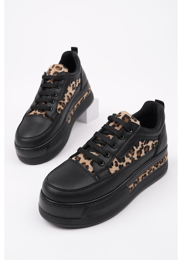 Muggo Zarina Kadın Kalın Taban Leopar Desenli Bağcıklı Günlük Sneaker Spor Ayakkabı Siyah