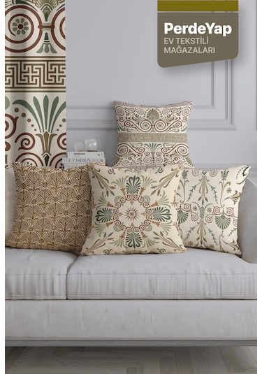 Modern İşlemeli Motifler Desenli 4'lü Kırlent Kılıfı