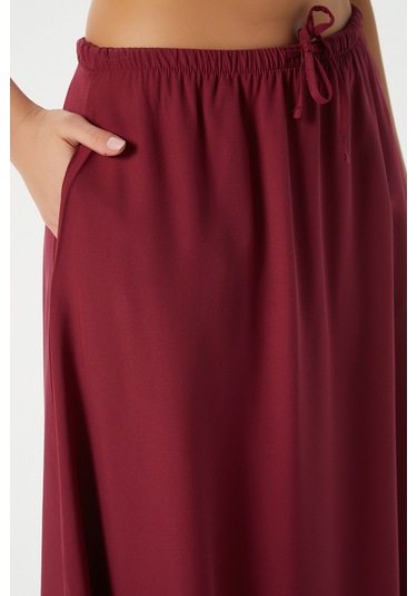 Kadın Seaside Bordo Astarlı Bel Lastikli Cepli Dokuma Uzun Etek Bordo