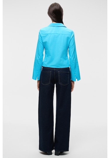 Grımelange Makayla Kadın Keten Uzun Kollu Regular Fit Mavi Gömlek Mavi