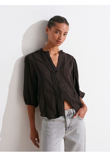 Dilvin 5807 Nervür Detaylı Balon Kol Gömlek-koyu Kahve Koyu Kahve