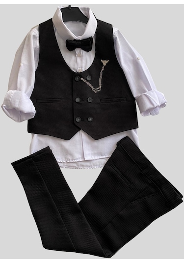 Matrix Yelekli Zincirli Erkek Çocuk Takım Elbise Siyah