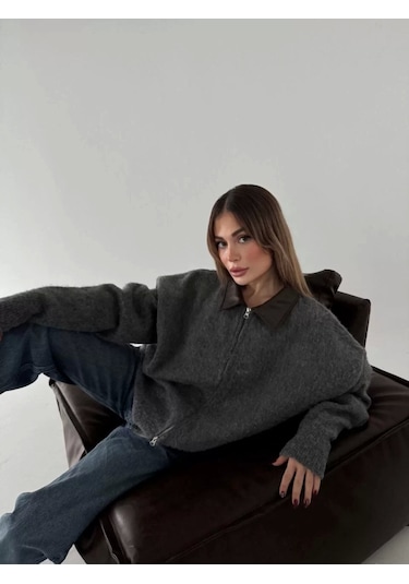 Deri Yakalı Pamuk Dokulu Çift Taraflı Çalışan Fermuar Ceket - Füme Füme