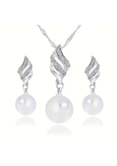 İnci, Zirkon Taş İşlemeli, Gümüş, Altın Kaplama, Takı Seti Kolye Küpe , Yeni Yıl, Gümüş