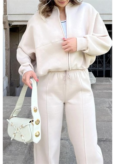 Neşeli Butik Kadın Fermuarlı 3 İplik Eşofman Takımı Nb0018 - Bej Bej