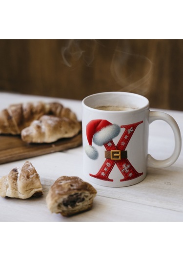 X Harfi Yılbaşı Temalı Bardak 330 Ml Harfli Kişiye Özel Hediye - Yeniyıl / Noel Şapka Tasarım Beyaz