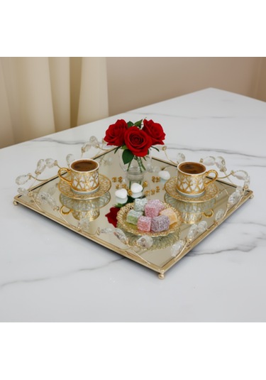 2 Li Gold Renk Aynalı Dekoratif Tepsi Seti Beyaz- BB030