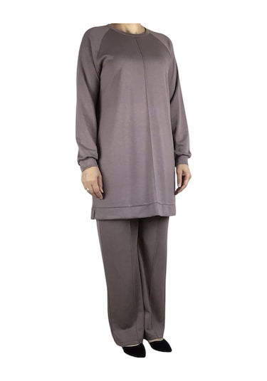 Kadın Tunik Önü Dikişli Altı Bantlı Pantolon Beli Lastikli Önü Dikişli İkili Takım Vizon