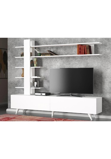 Dekorister Aleyna Duvar Raflı Kitaplıklı Tv Ünitesi Beyaz