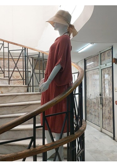 İtalyan Müslin Keteni Üstü File Bluzlu Astarlı Tek Parça Elbise Gül Kurusu