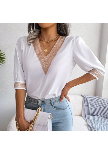 2023 Yaz Gevşek V Yaka Gömlek Bahar Kadın Zarif Dantel Şifon Yarım Kollu Bluz Casual Kazak Blusas Para Mujer Tops 25127 Beyaz