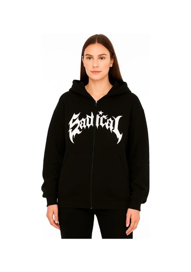 Kadın Oversize Kapüşonlu Sweatshirt Hoodie 3 İplik Şardonlu Pamuklu Kumaş, Önü Baskılı, Fermuarlı R Siyah