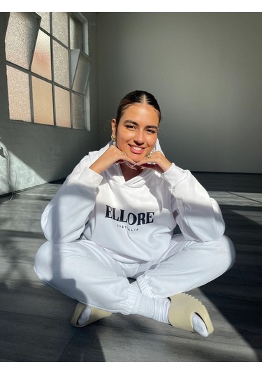 Beyaz Ellore Kadın Eşofman Takımı - Baskılı Oversize Beyaz