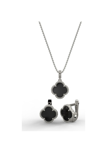 Erdobia 925 Ayar Oniks Taşlı Rodyum Yonca Kolye Küpe 2'li Gümüş Set-takım