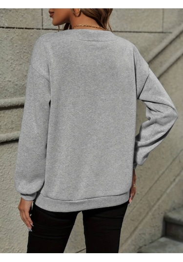 Kadın V Dantel Yaka Uzun Kollu Şardonsuz Üç İplik Bluz