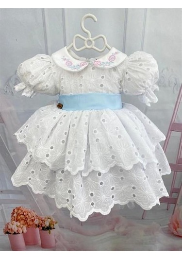 Beyaz Mavi Kemerli Vintage Elbise, Özel Dikim Çocuk Elbisesi, Doğum Günü Elbisesi,0-12 Yaşa Uygun Beyaz