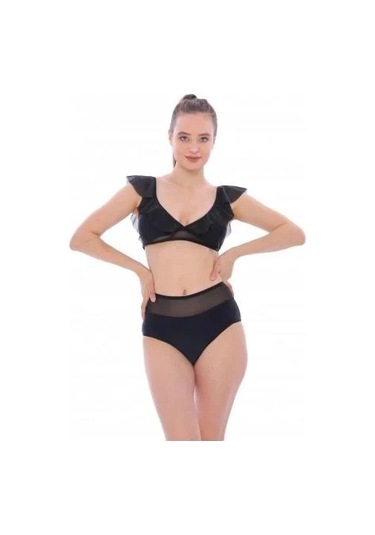 Markahit Argisa Düz Fırfırlı Yüksek Bel Yeni Bikini Siyah