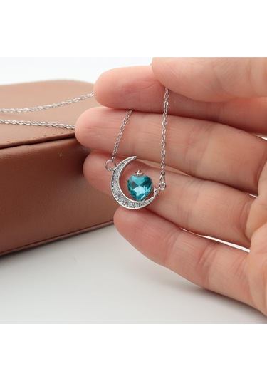 Pigado Paslanmaz Çelik Kalpli Kristal Taşlı Ayyıldız Çelik Kolye Gri