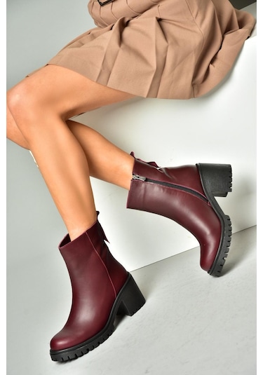 Fox Shoes R654006503 Bordo Hakiki Deri Kalın Topuklu Kadın Bot Bordo