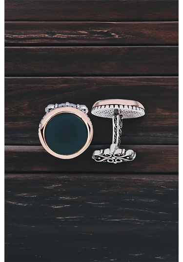 Gümüş Yeşil Akik Taşlı Yuvarlak Kol Düğmesi