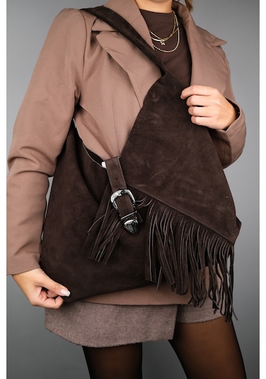 Rosalın Kahve Hakiki Süet Deri Püsküllü Kadın Omuz Çantası Kahverengi