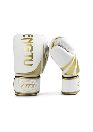 Moveevo Profesyonel Boksa Eldiveni, Dayanıklı Pu, Şok Emici Sprey, Ventilasyonlu, Muay Thai, Sandık Antrenmanı, Beyaz Altın, 10oz Beyaz