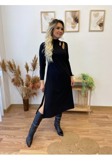 Nnstartshopping Kadın Uzun Kollu Balıkçı Yaka Omuzda Damla Detaylı Yırtmaçlı Krep Midi Elbise Siyah