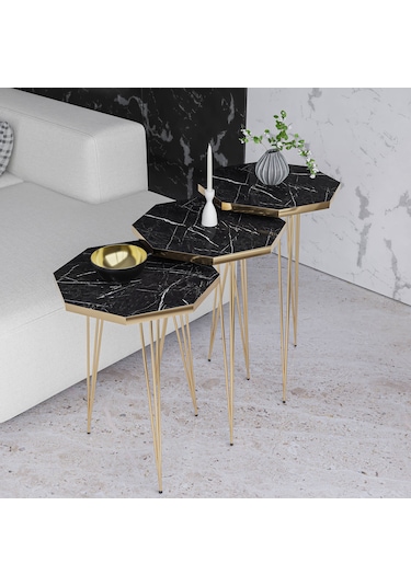 Zigon Sehpa 3'lü Sekizgen Takım Altın Tel Ayaklı Siyah Mermer-Gold